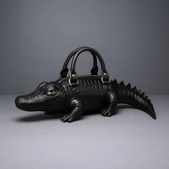 🖤 Black Crocodile Patent Leather Shaped Handbag w/strap Novelty Statement! - Picture 3 of 10